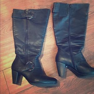 Black faux leather wide calf boots